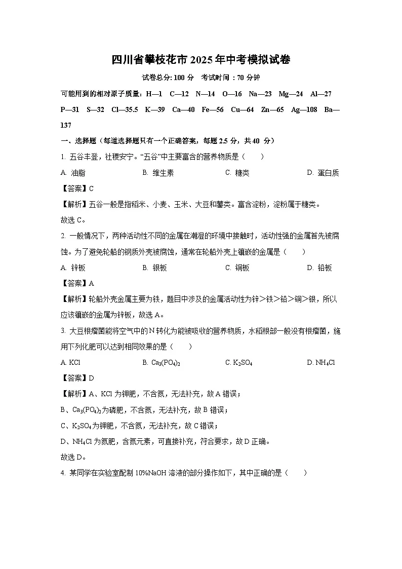 四川省攀枝花市2025年中考模拟化学试卷（解析版）第1页