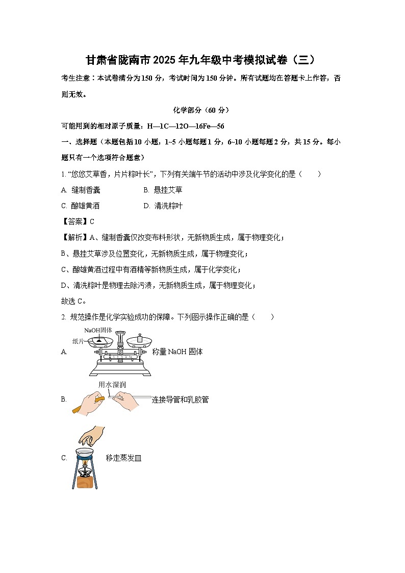 甘肃省陇南市2025年九年级中考模拟（三）化学试卷（解析版）第1页