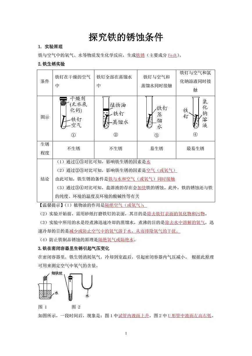 中考化学必考实验专练(10 探究铁的锈蚀条件第1页