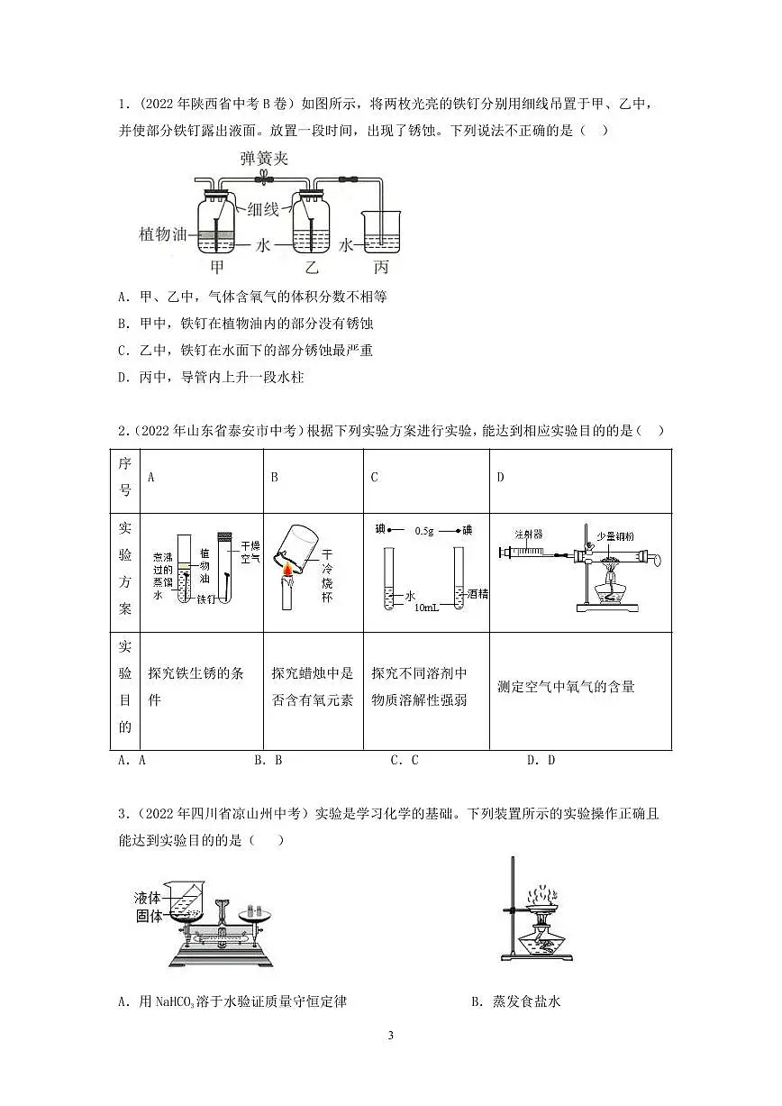 中考化学必考实验专练(10 探究铁的锈蚀条件第3页