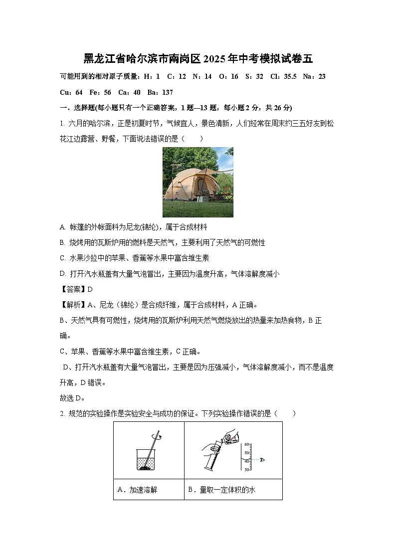 黑龙江省哈尔滨市南岗区2025年中考模拟五化学试卷（解析版）第1页