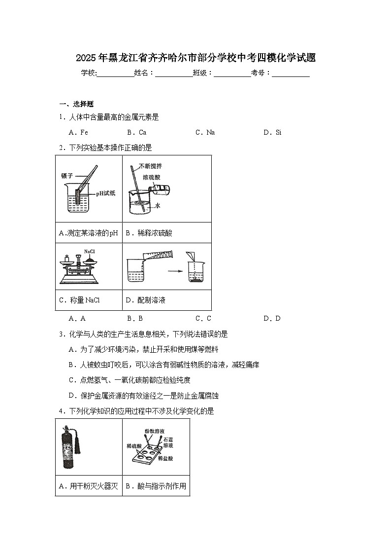 2025年黑龙江省齐齐哈尔市部分学校中考四模化学试题（无答案）第1页
