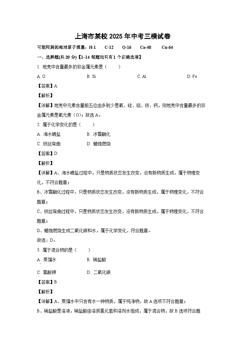 【化学】上海市某校2025年中考三模试卷（解析版）第1页