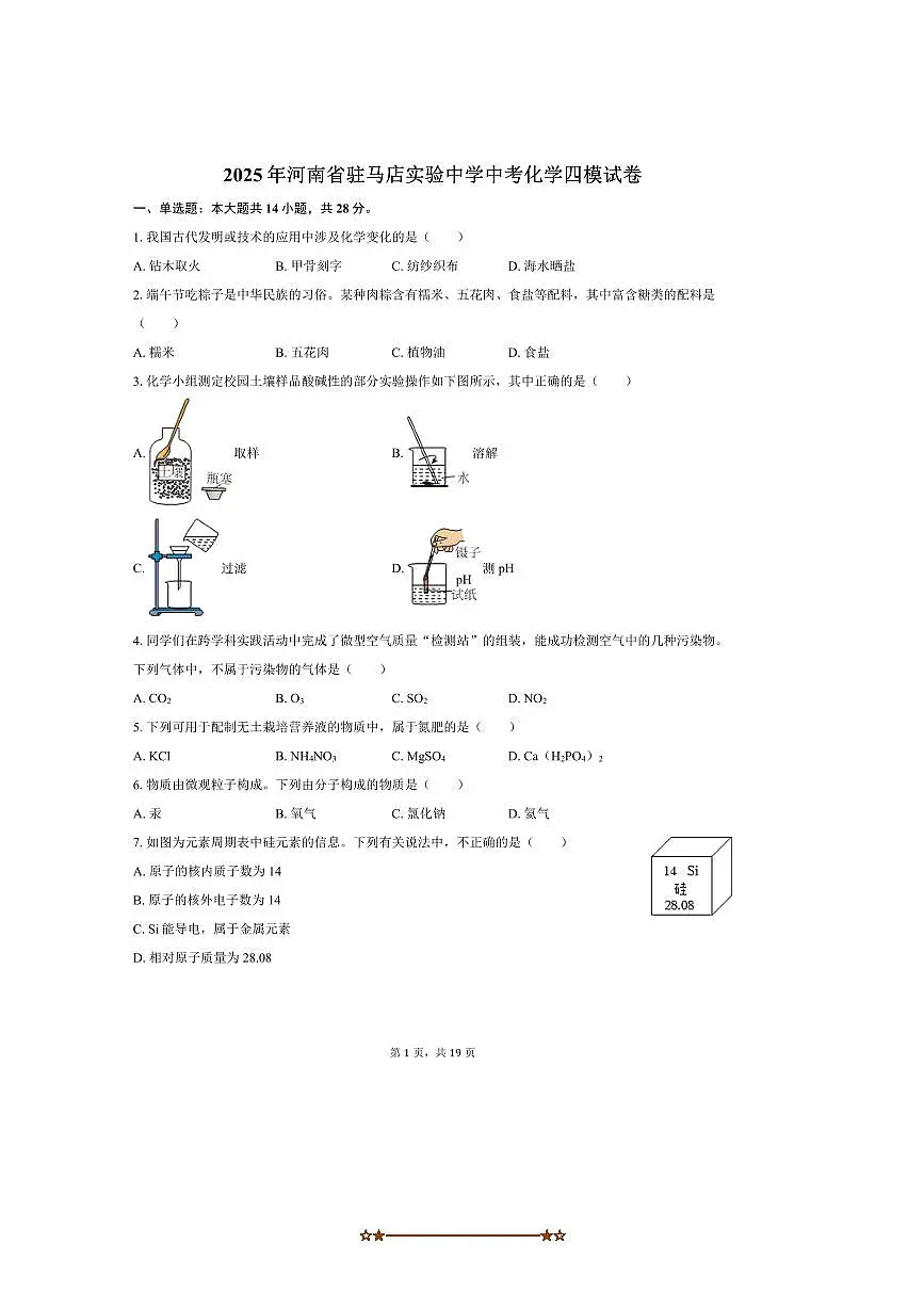 2025年河南省驻马店实验中学中考化学四模试卷(含解析)第1页