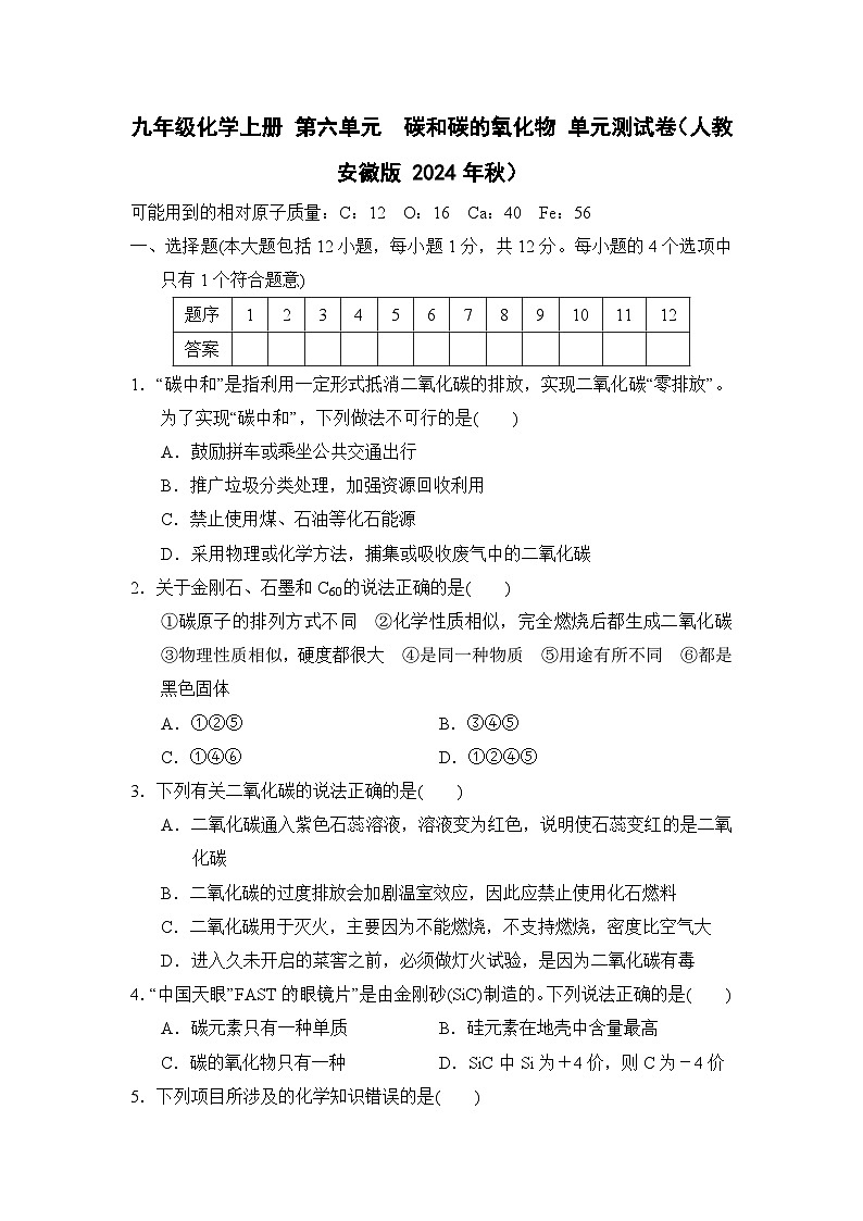 九年级化学上册 第六单元　碳和碳的氧化物 单元测试卷（人教安徽版 2024年秋）第1页