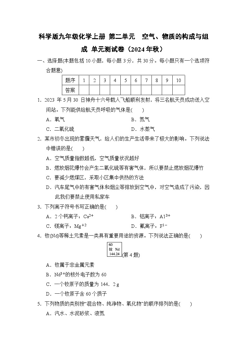 科学版九年级化学上册 第二单元　空气、物质的构成与组成 单元测试卷（2024年秋）第1页