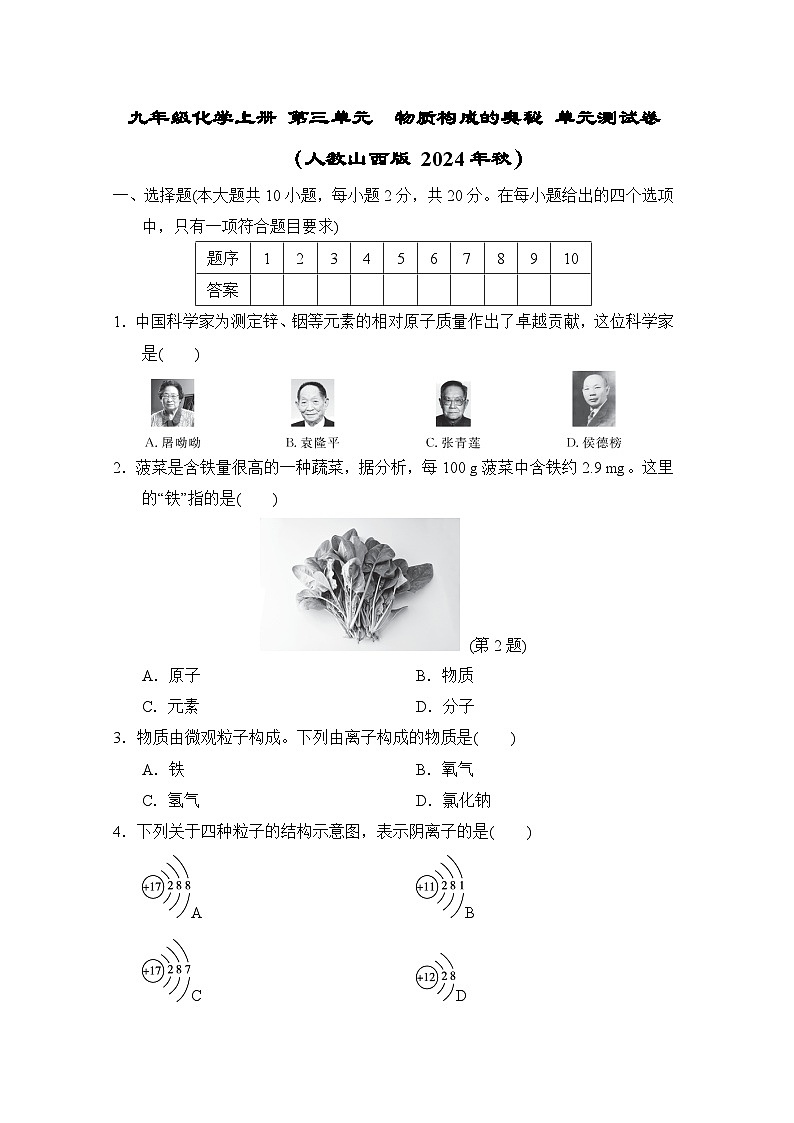 九年级化学上册 第三单元　物质构成的奥秘 单元测试卷（人教山西版 2024年秋）第1页