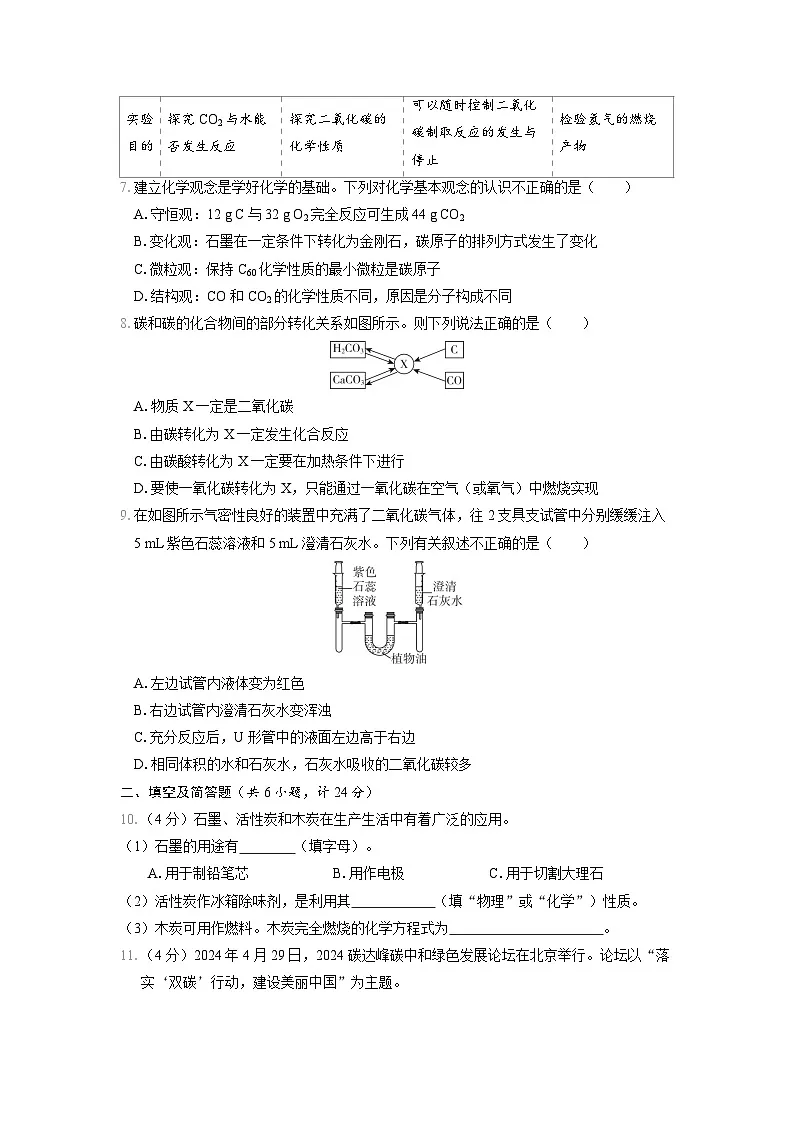 九年级化学上册 第六单元　碳和碳的氧化物 单元测试卷（人教陕西版 2024年秋）第2页