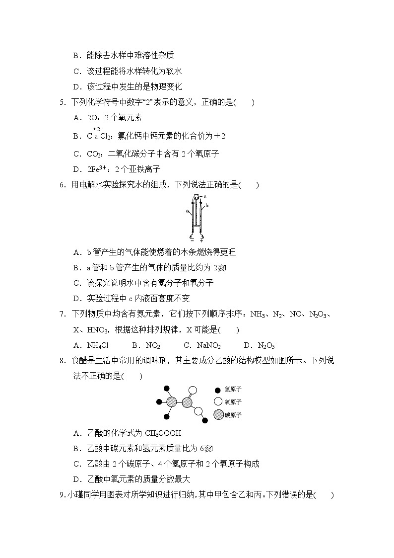 人教版九年级化学上册 第四单元　自然界的水 单元测试卷（2024年秋）第2页