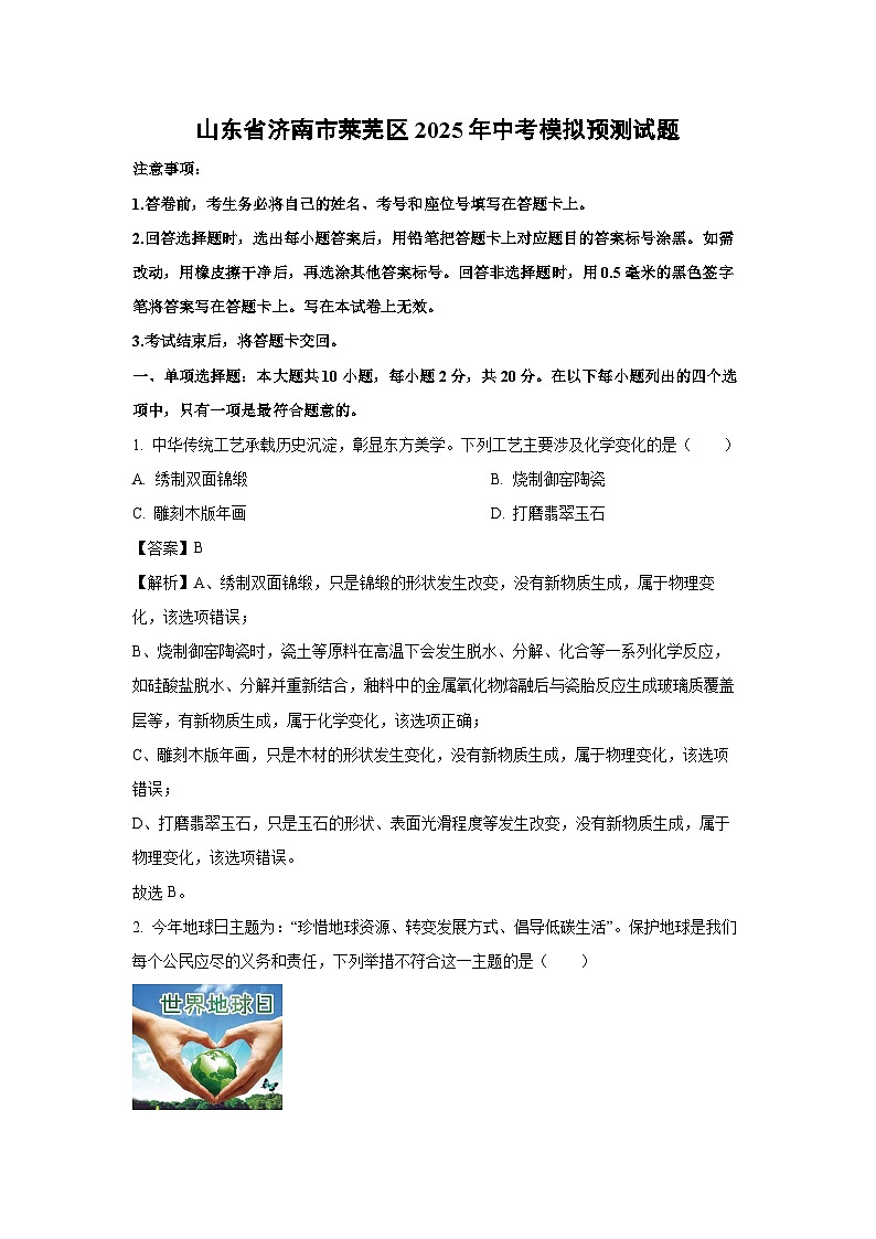 【化学】山东省济南市莱芜区2025年中考模拟预测试题（解析版）第1页