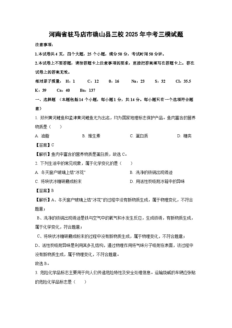 【化学】河南省驻马店市确山县三校2025年中考三模试题（解析版）第1页