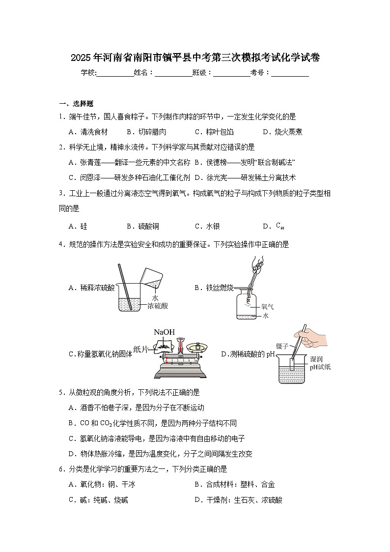 2025年河南省南阳市镇平县中考第三次模拟考试化学试卷（附答案解析）第1页