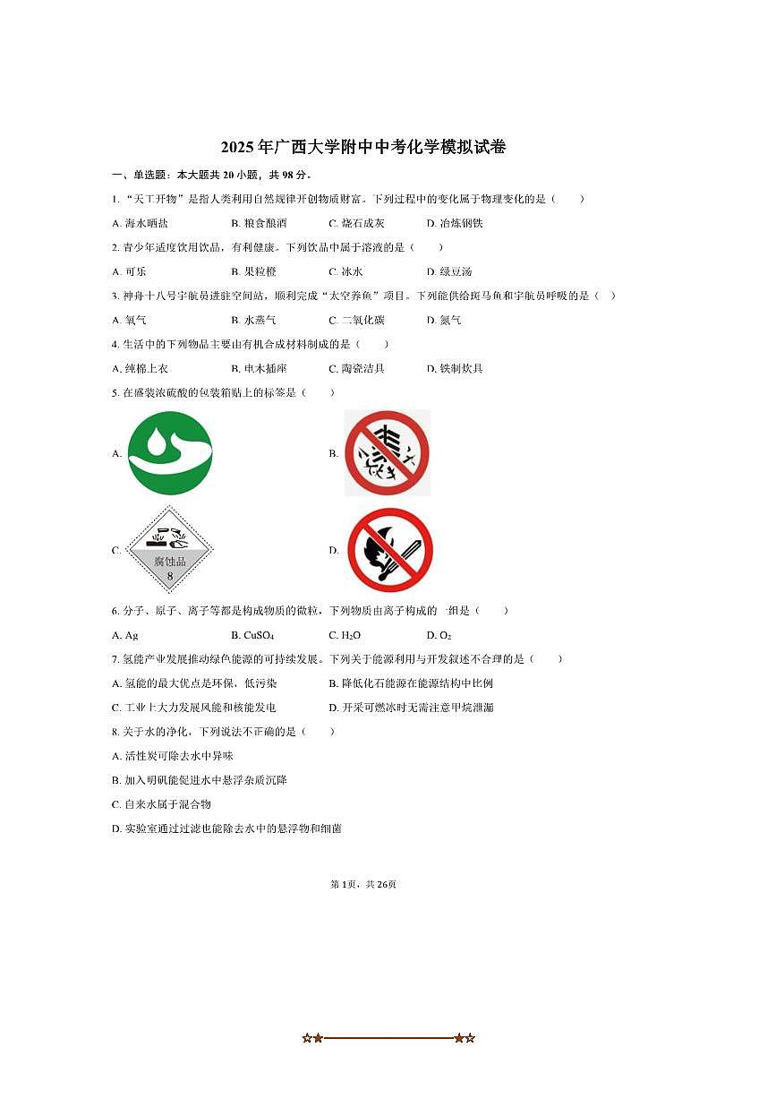 2025年广西大学附中中考化学模拟试卷(含解析)第1页