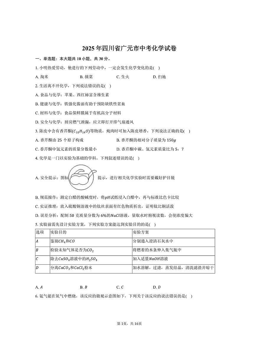 2025年四川省广元市中考化学试卷（含解析）第1页