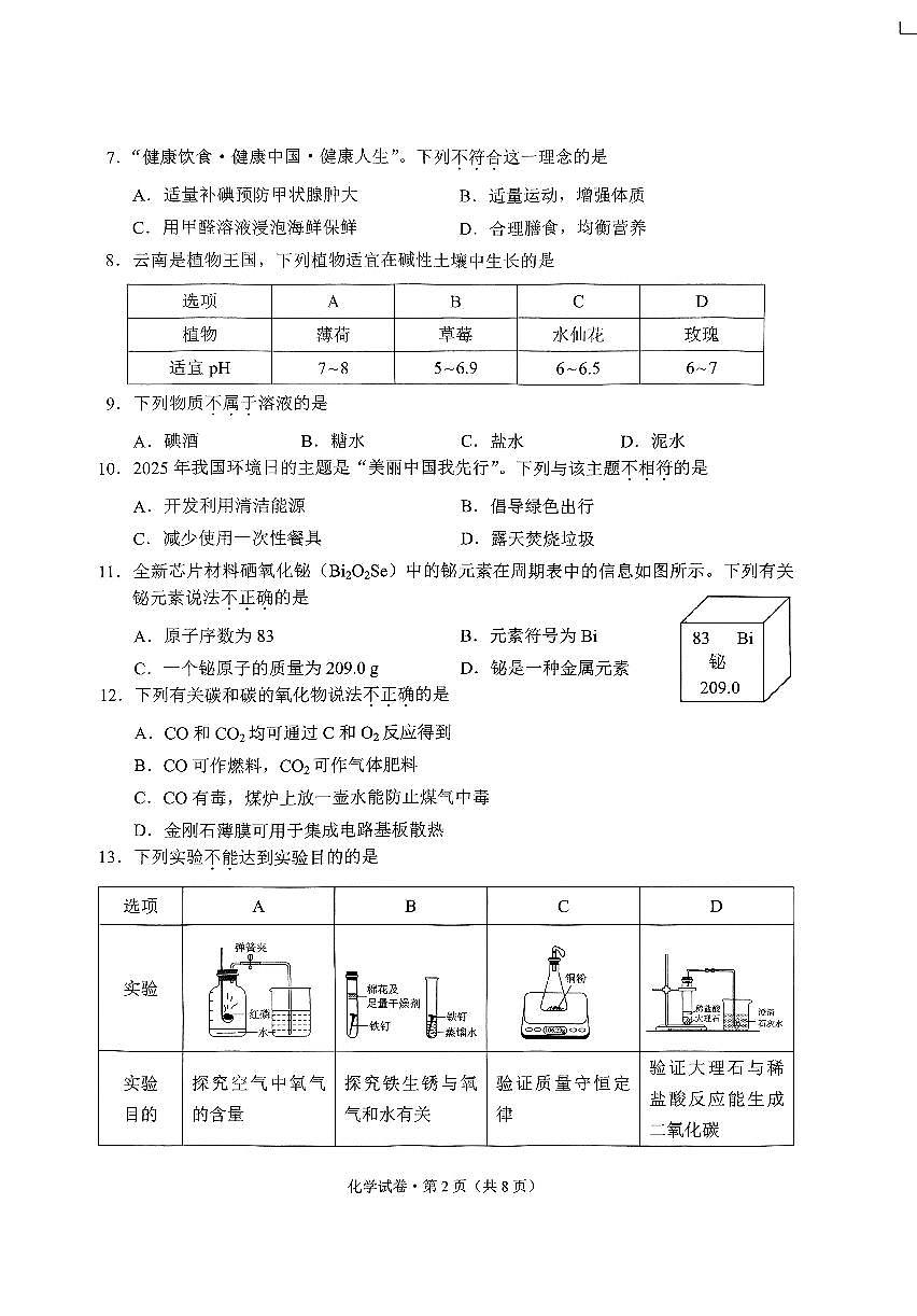 2025年云南省中考化学试题（无答案）第2页