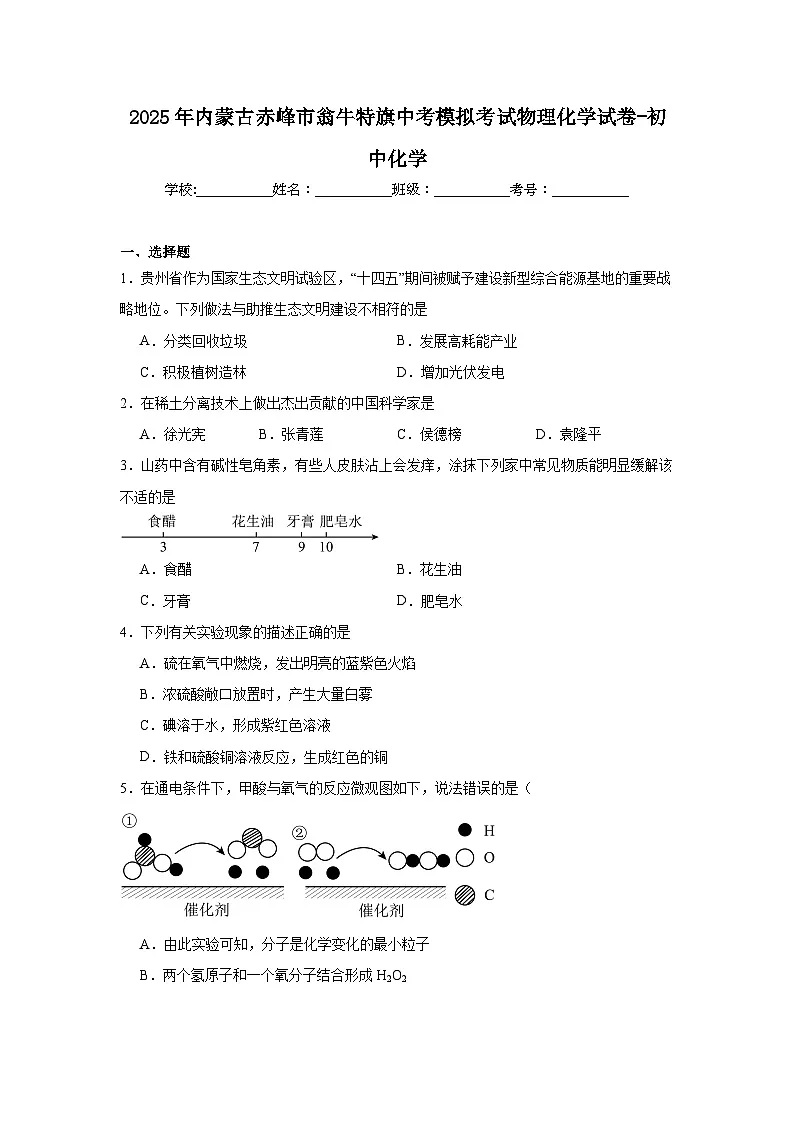 2025年内蒙古赤峰市翁牛特旗中考模拟考试化学试卷（附答案解析）第1页