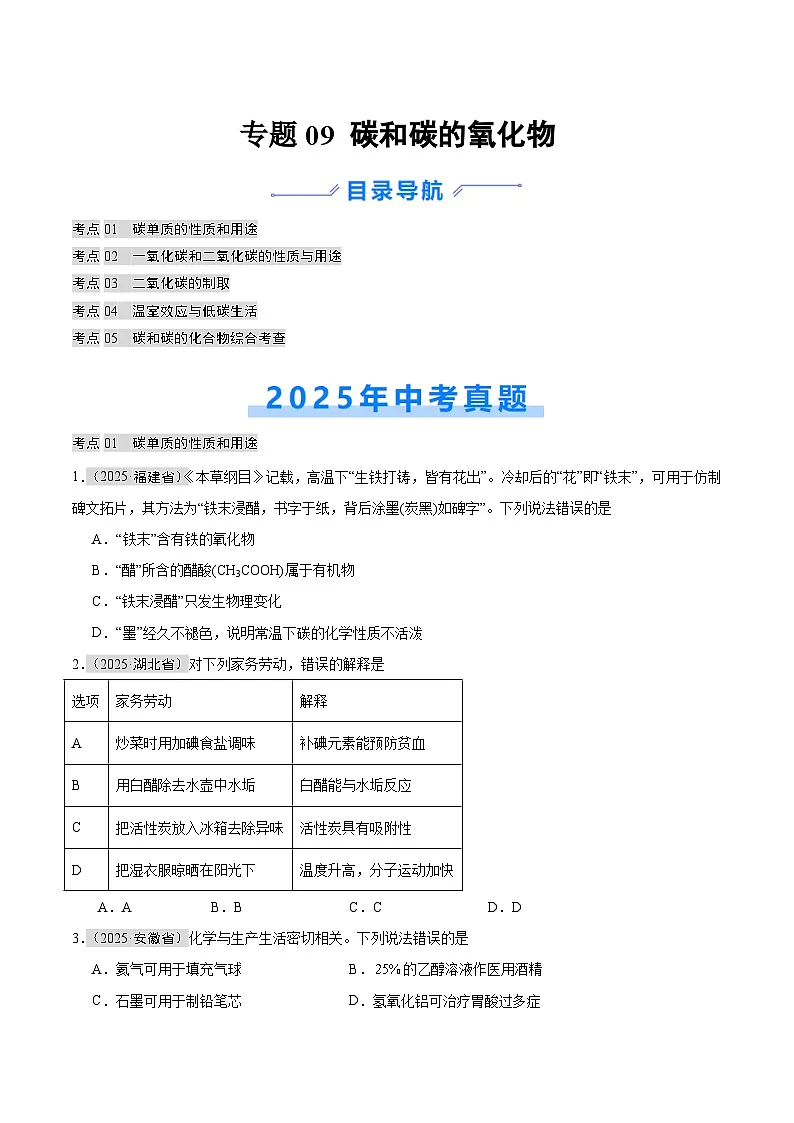 2025年中考化学真题分类汇编：专题09 碳和碳的氧化物（全国通用）（第01期）（原卷版）第1页