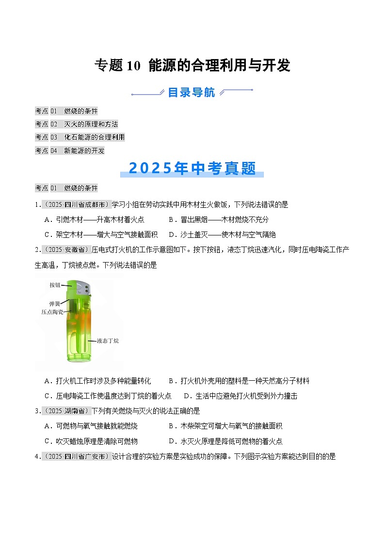 2025年中考化学真题分类汇编：专题10 能源的合理利用与开发（全国通用）（第01期）（原卷版）第1页