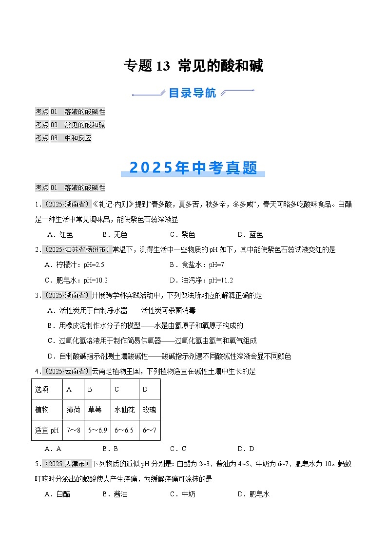 2025年中考化学真题分类汇编：专题13 常见的酸和碱（全国通用）（第01期）（原卷版）第1页