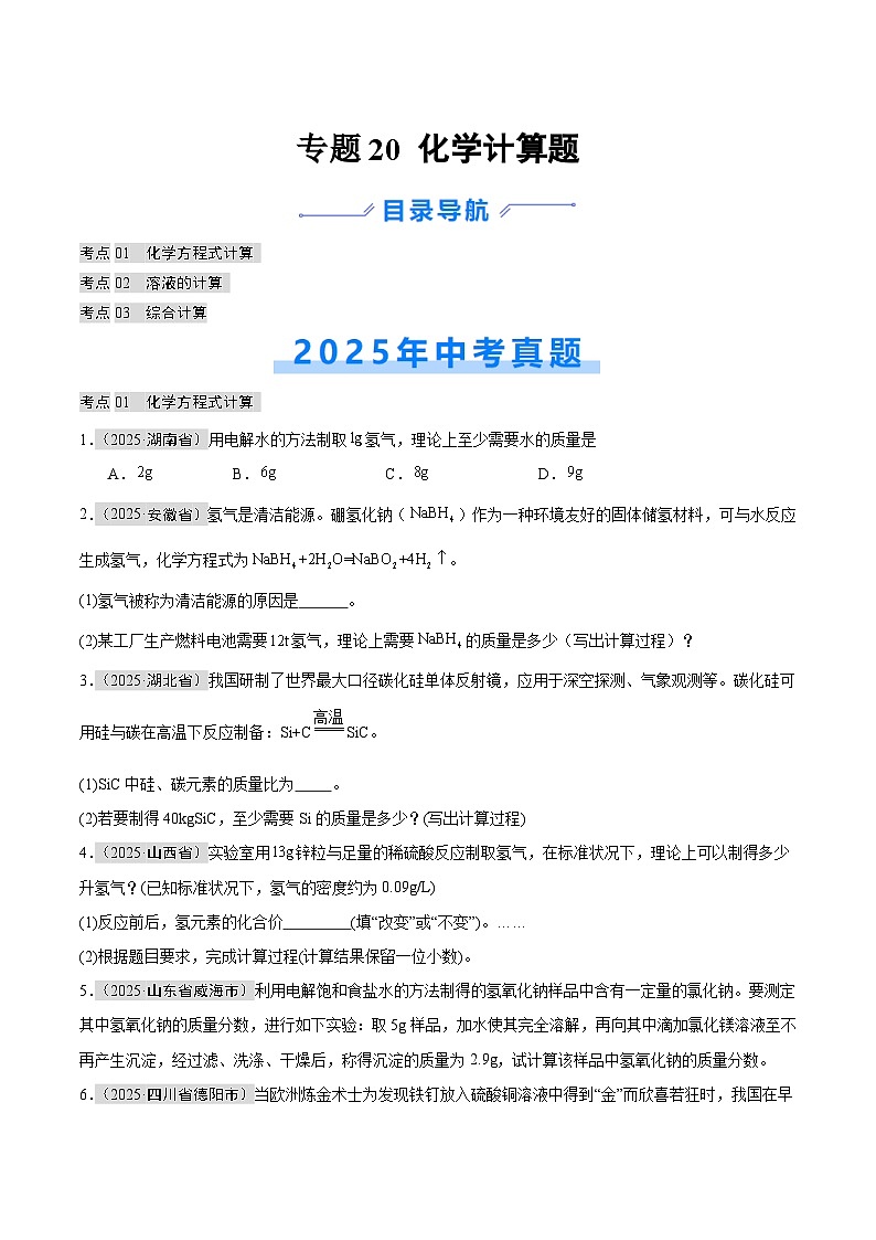 2025年中考化学真题分类汇编：专题20 化学计算题（全国通用）（第01期）（原卷版）第1页