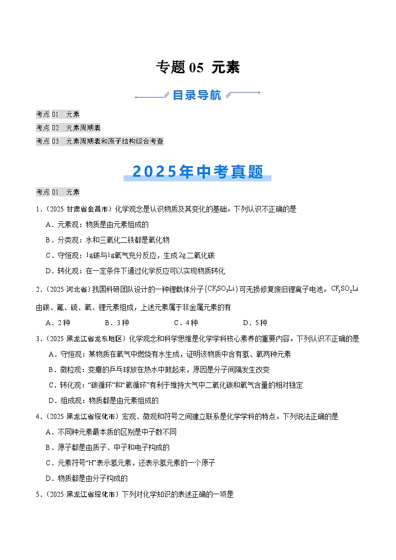 2025年中考化学真题分类汇编：专题05 元素（全国通用）（第02期）（原卷版）第1页