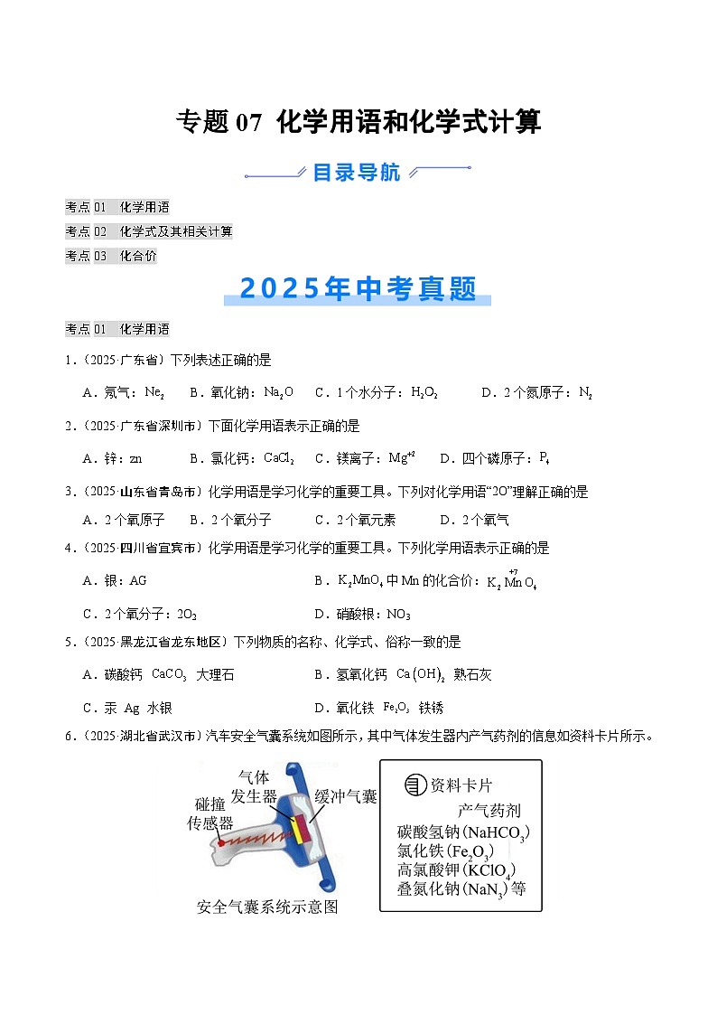 2025年中考化学真题分类汇编：专题07 化学用语和化学式计算（全国通用）（第02期）（原卷版）第1页