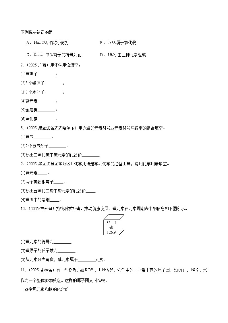 2025年中考化学真题分类汇编：专题07 化学用语和化学式计算（全国通用）（第02期）（原卷版）第2页