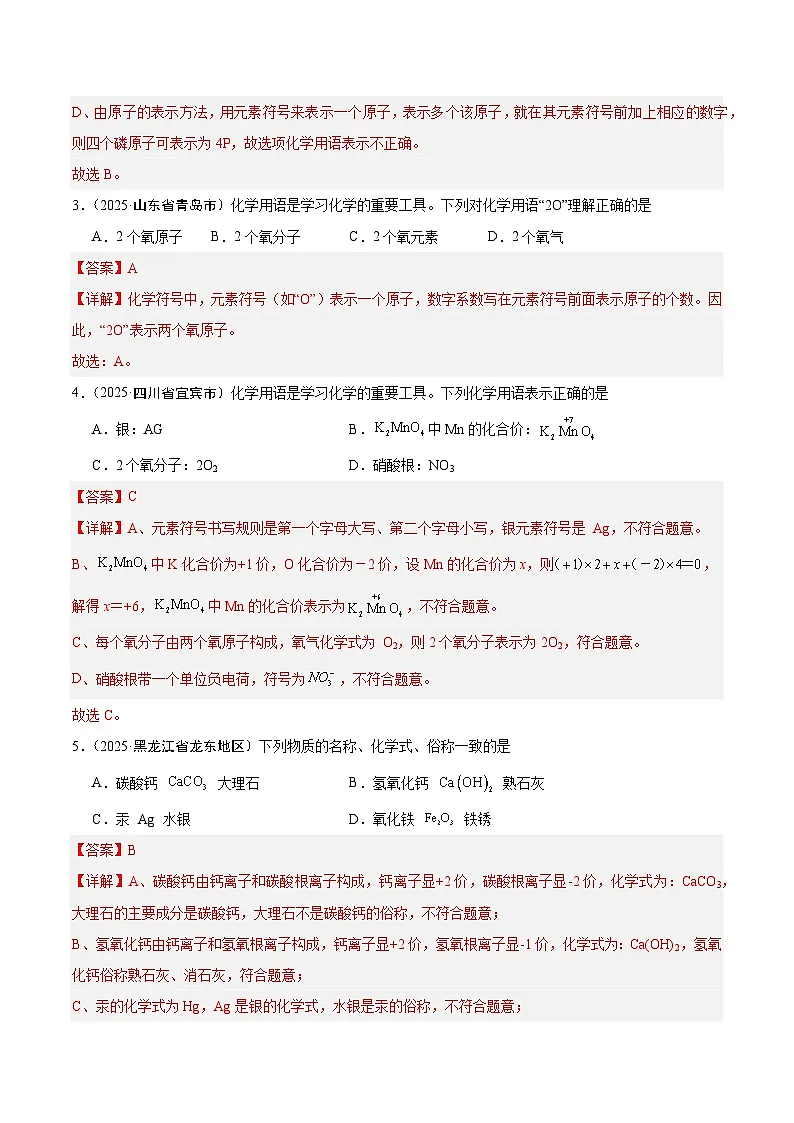 2025年中考化学真题分类汇编：专题07 化学用语和化学式计算（全国通用）（第02期）（解析版）第2页