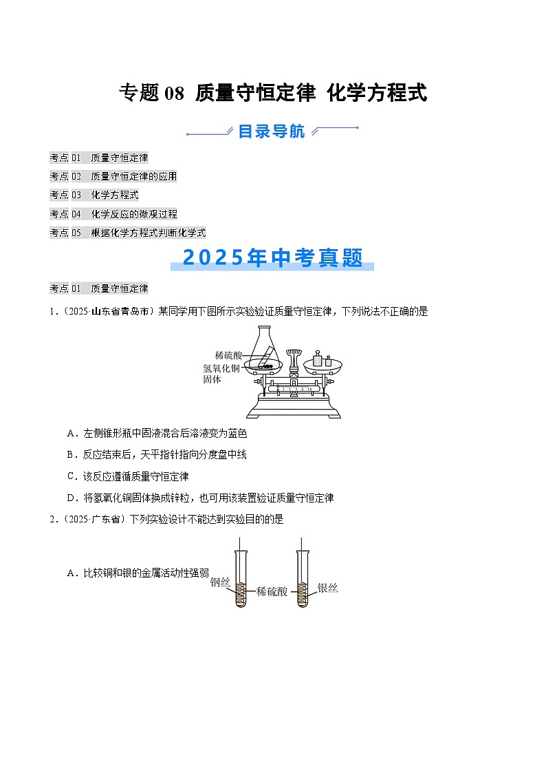 2025年中考化学真题分类汇编：专题08 质量守恒定律和化学方程式（全国通用）（第02期）（原卷版）第1页