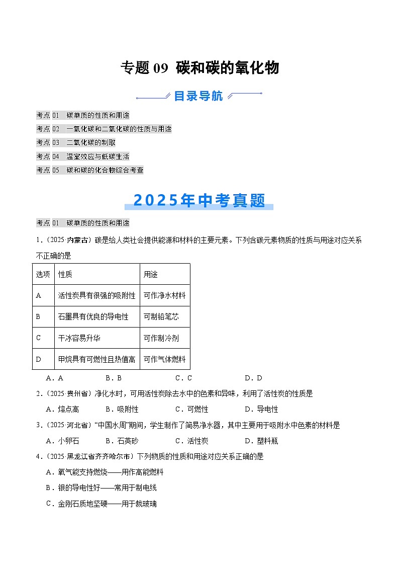 2025年中考化学真题分类汇编：专题09 碳和碳的氧化物（全国通用）（第02期）（原卷版）第1页