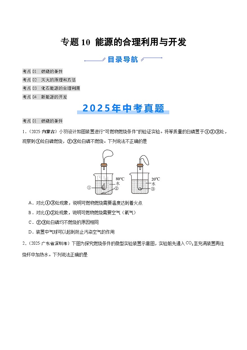 2025年中考化学真题分类汇编：专题10 能源的合理利用与开发（全国通用）（第02期）（原卷版）第1页
