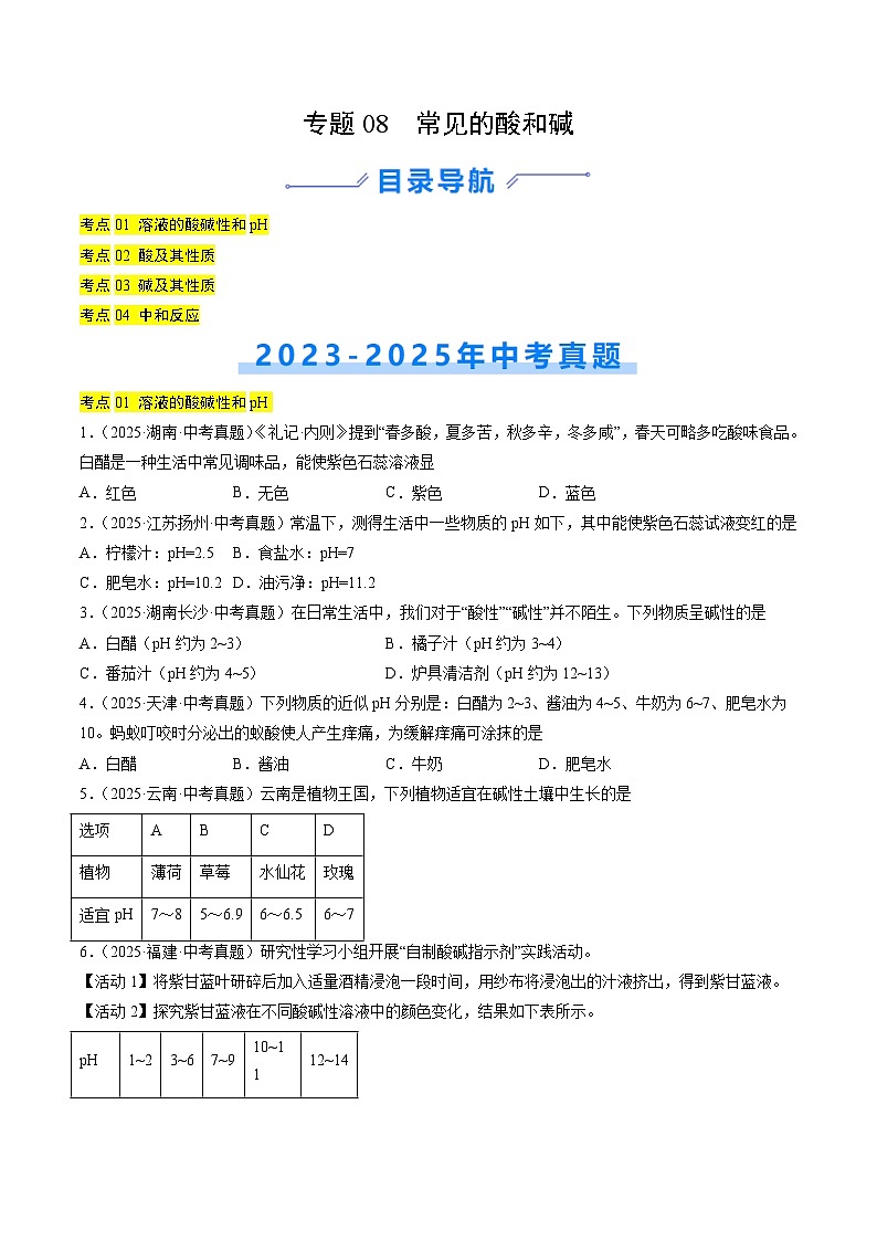 三年（2023-2025）中考化学真题分类汇编：专题08 常见的酸和碱（原卷版）第1页