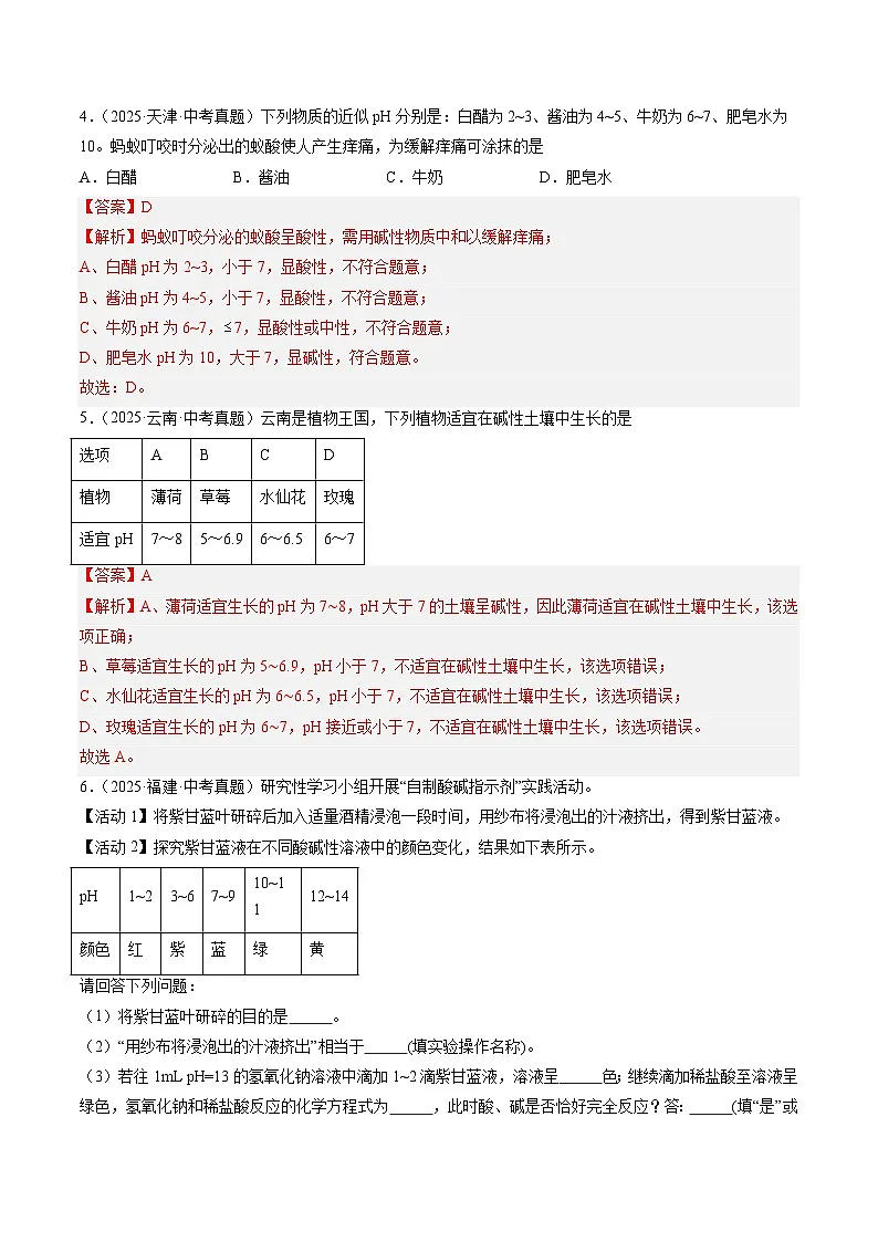 三年（2023-2025）中考化学真题分类汇编：专题08 常见的酸和碱（解析版）第2页