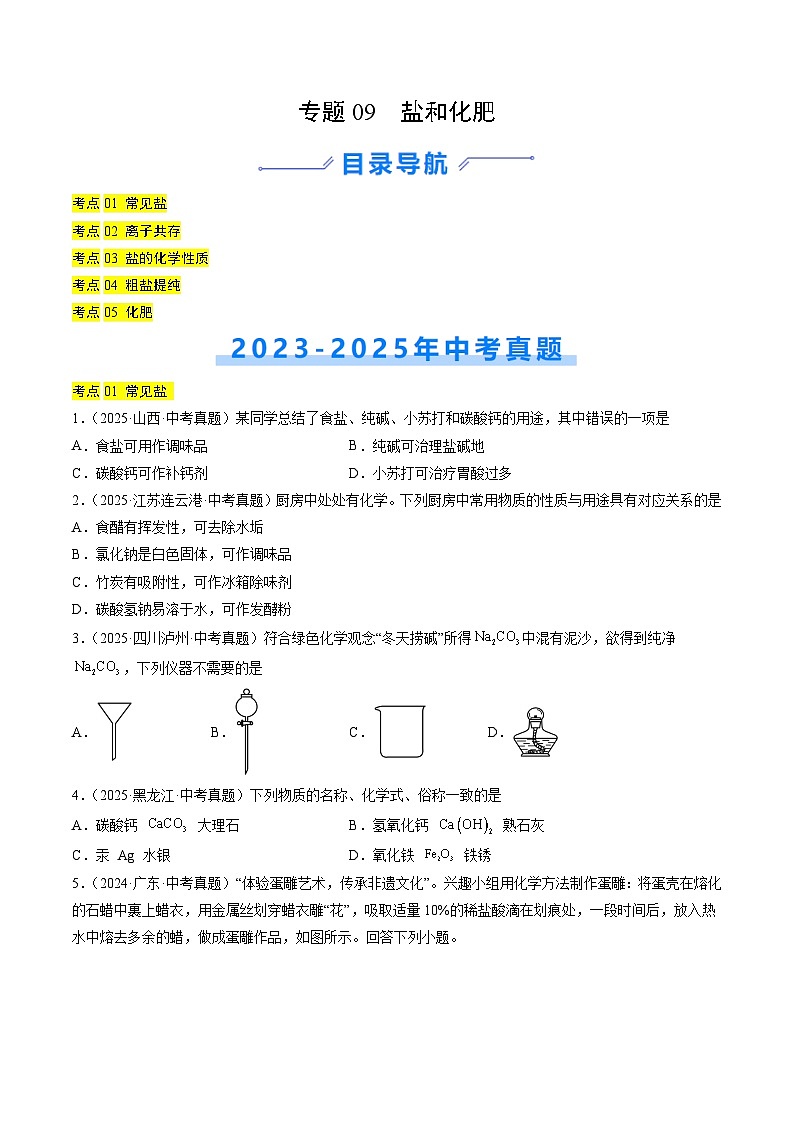三年（2023-2025）中考化学真题分类汇编：专题09 盐和化肥（原卷版）第1页