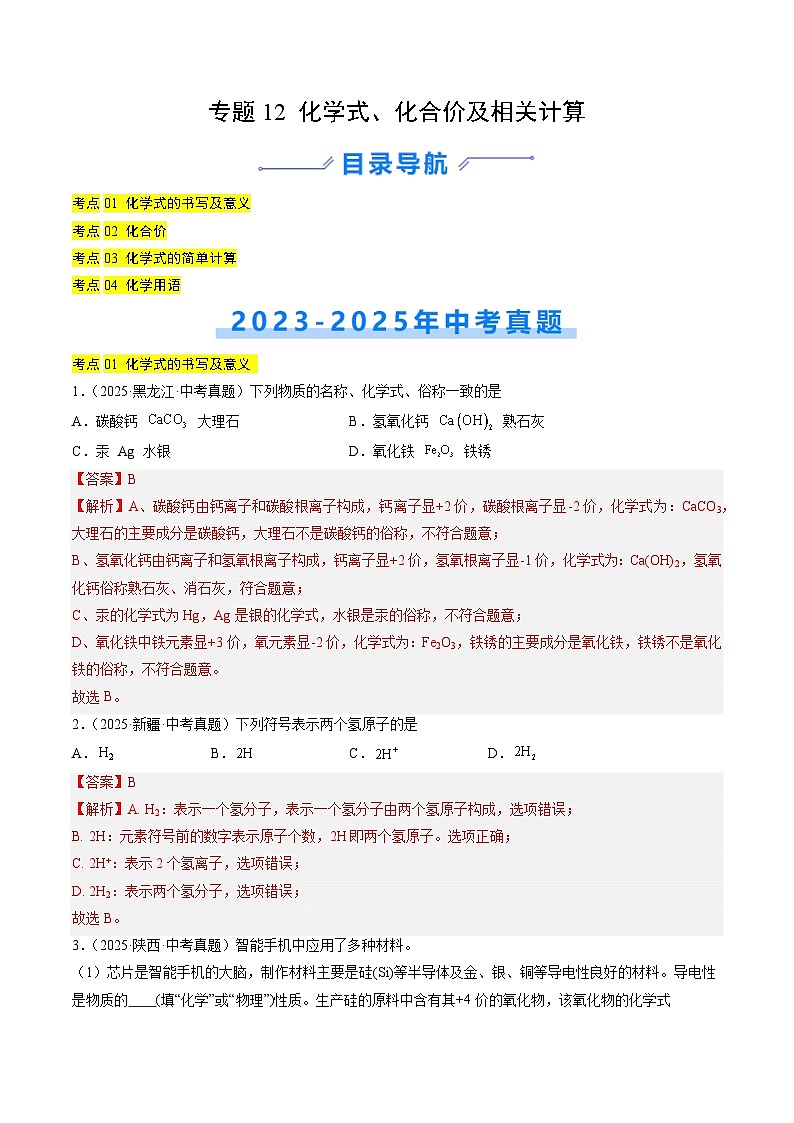 三年（2023-2025）中考化学真题分类汇编：专题12 化学式、化合价及相关计算（解析版）第1页