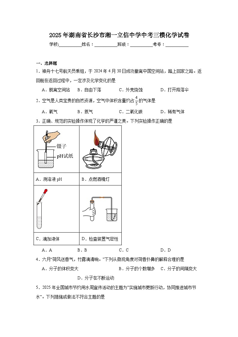 2025年湖南省长沙市湘一立信中学中考三模化学试卷第1页