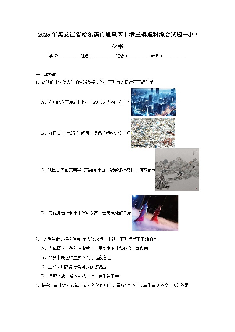 2025年黑龙江省哈尔滨市道里区中考三模理科综合试题-初中化学（附答案解析）第1页