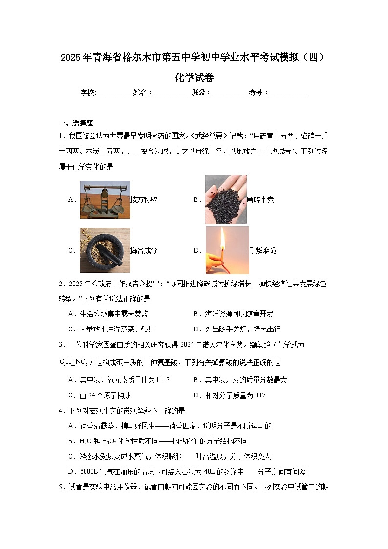 2025年青海省格尔木市第五中学初中学业水平考试模拟（四）化学试卷（附答案解析）第1页