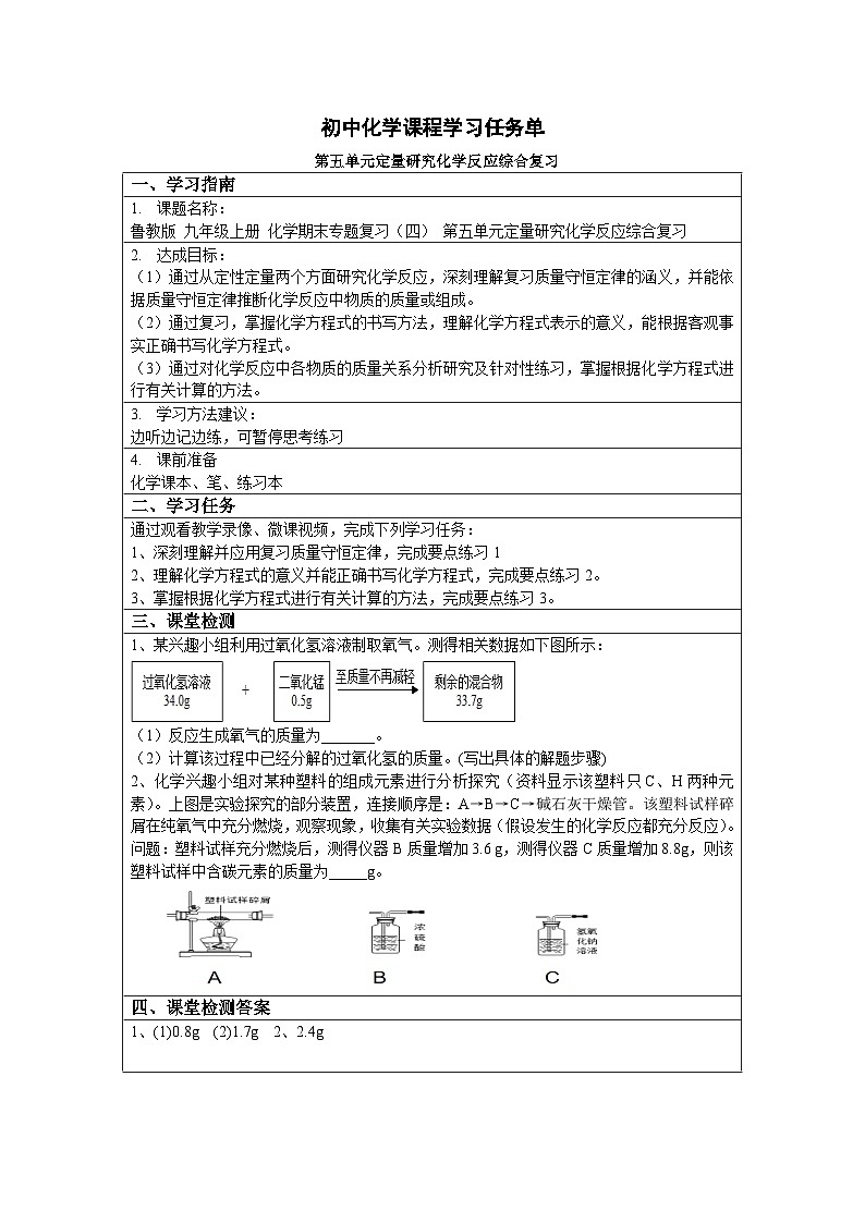 鲁教版九年级化学期末专题复习（四）（ 第五单元定量研究化学反应综合复习）学习 任务单第1页