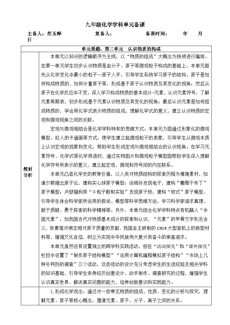 鲁教版初中化学九年级上册第二单元《 认识物质的构成》单元备课 教案第1页