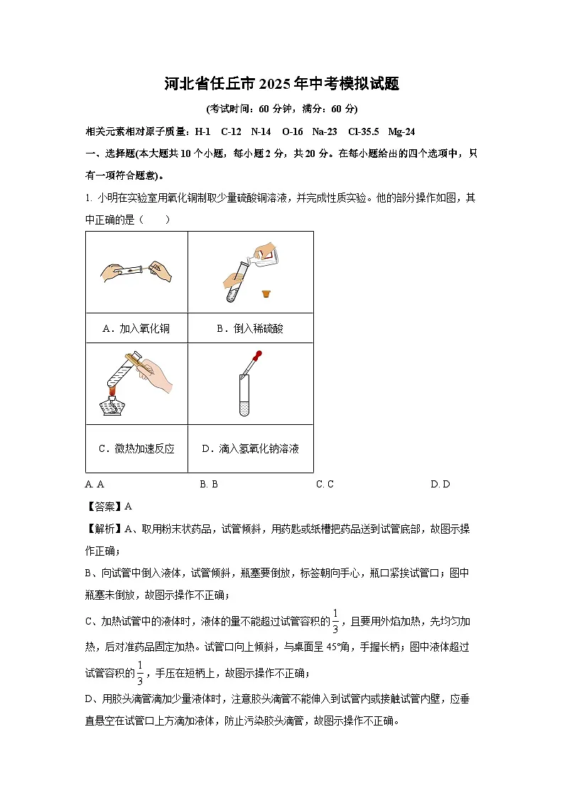 河北省任丘市2025年中考模拟化学试卷（解析版）第1页