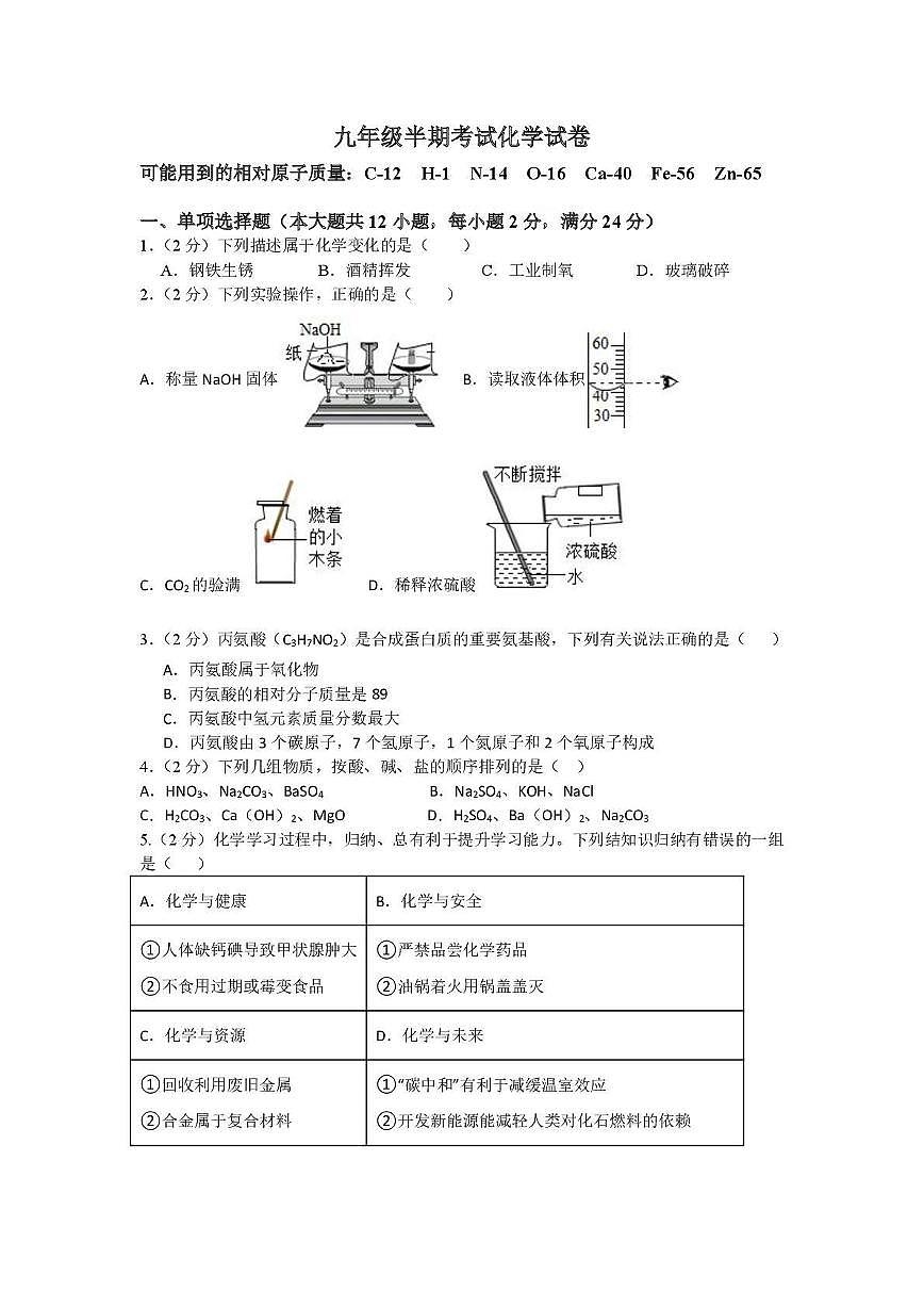 四川省巴中市南江县实验中学2024-2025学年九年级下学期期中考试化学试题第1页