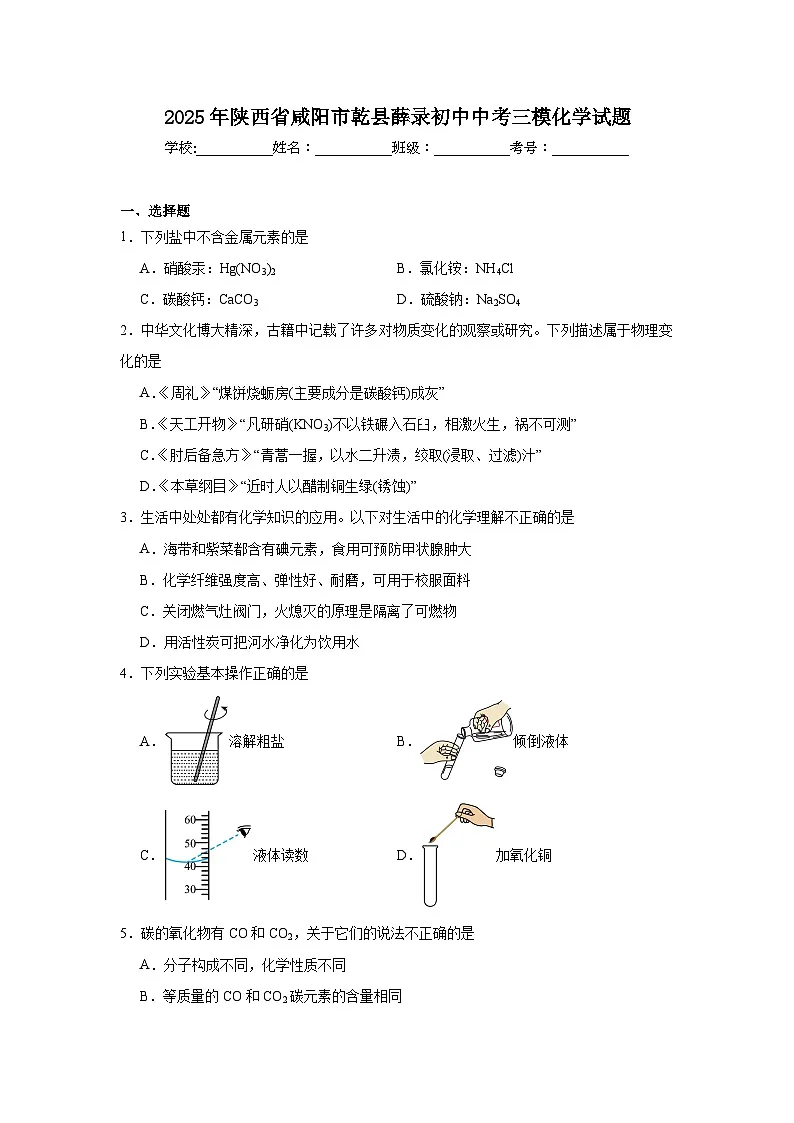 2025年陕西省咸阳市乾县薛录初中中考三模化学试题（附答案解析）第1页