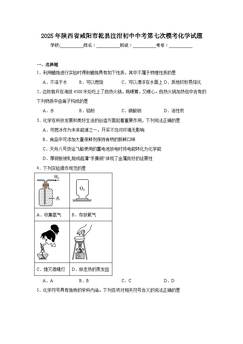 2025年陕西省咸阳市乾县注泔初中中考第七次模考化学试题（附答案解析）第1页