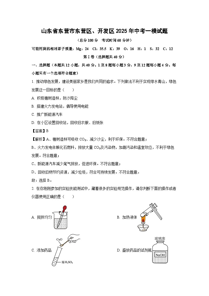 山东省东营市东营区、开发区2025年中考一模化学试题（解析版）第1页