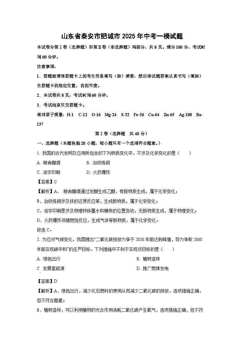 山东省泰安市肥城市2025年中考一模化学试题（解析版）第1页