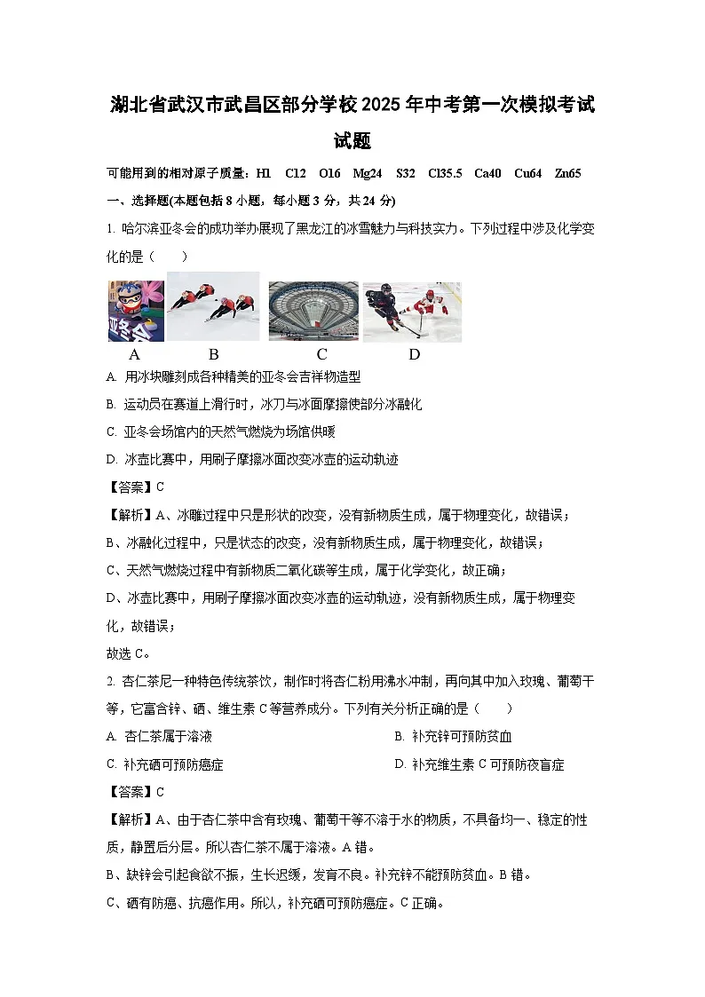 湖北省武汉市武昌区部分学校2025年中考第一次模拟考试 化学试题（解析版）第1页