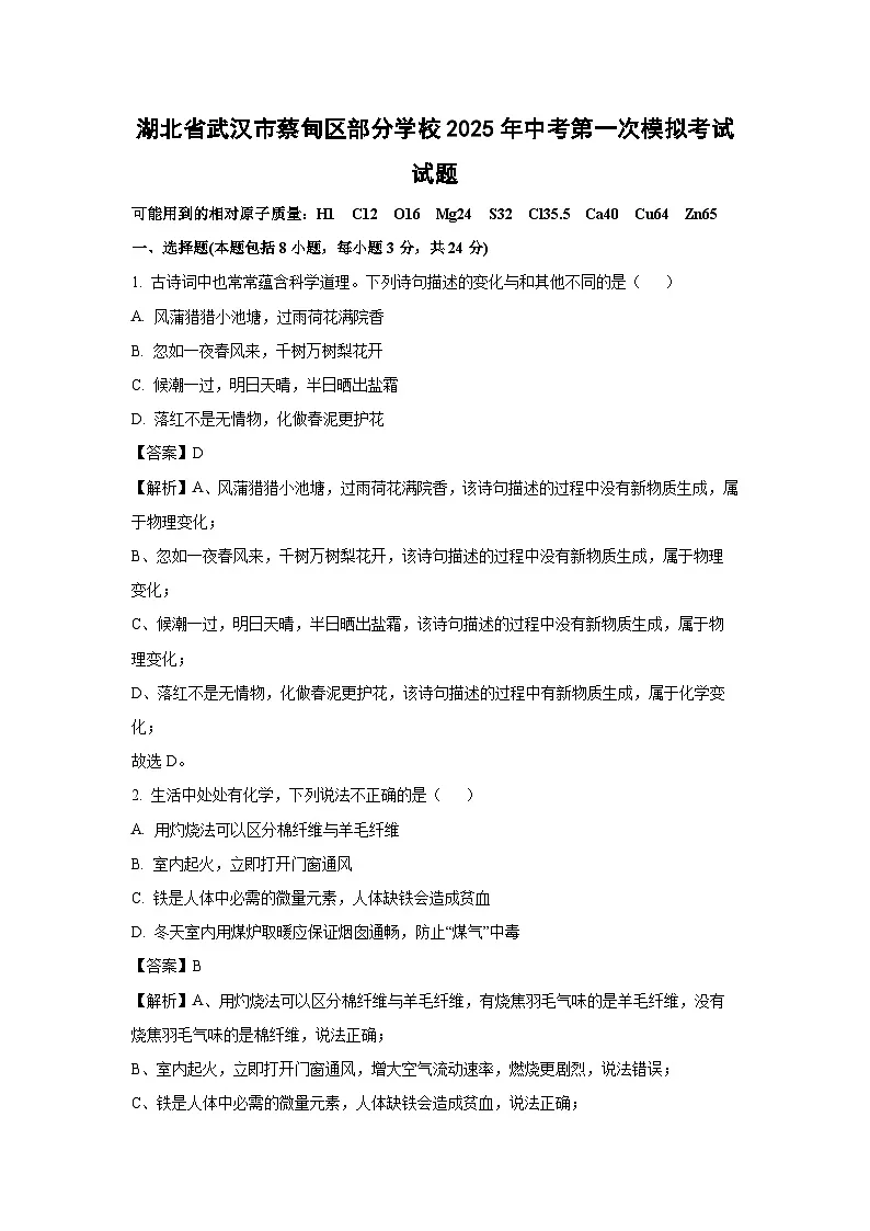 湖北省武汉市蔡甸区部分学校2025年中考第一次模拟考试化学试题（解析版）第1页