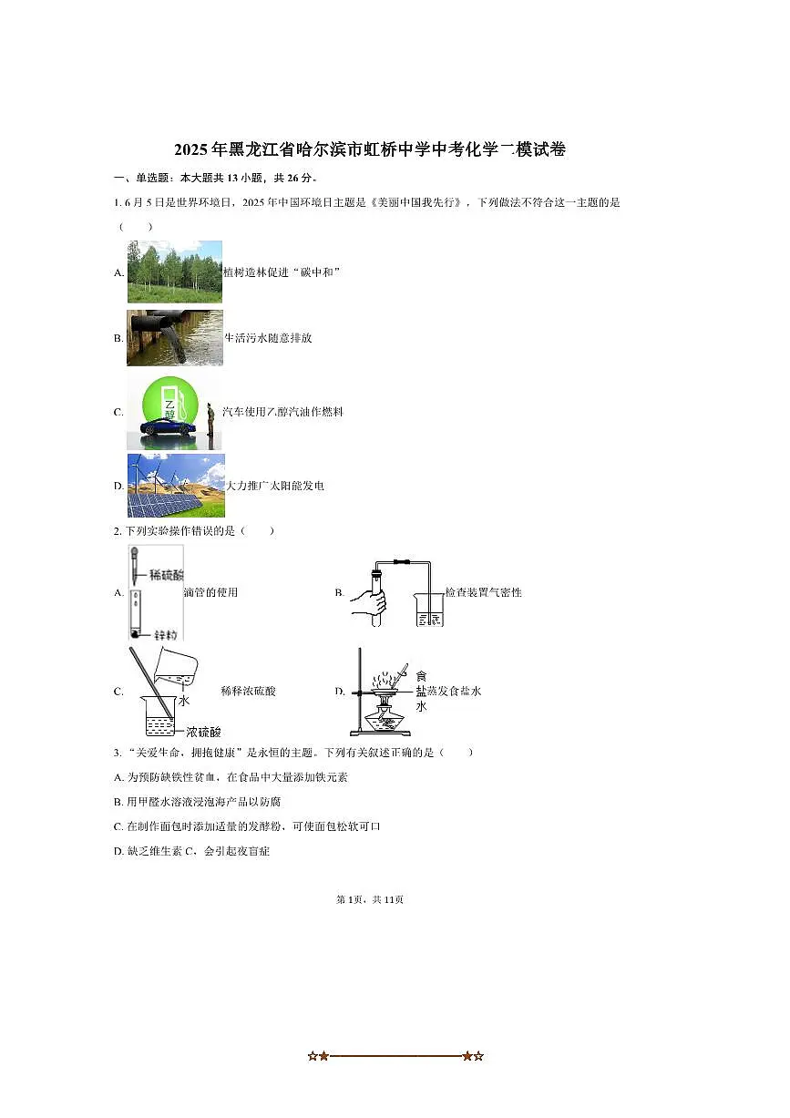 2025年黑龙江省哈尔滨市虹桥中学中考化学二模试卷(含答案)第1页