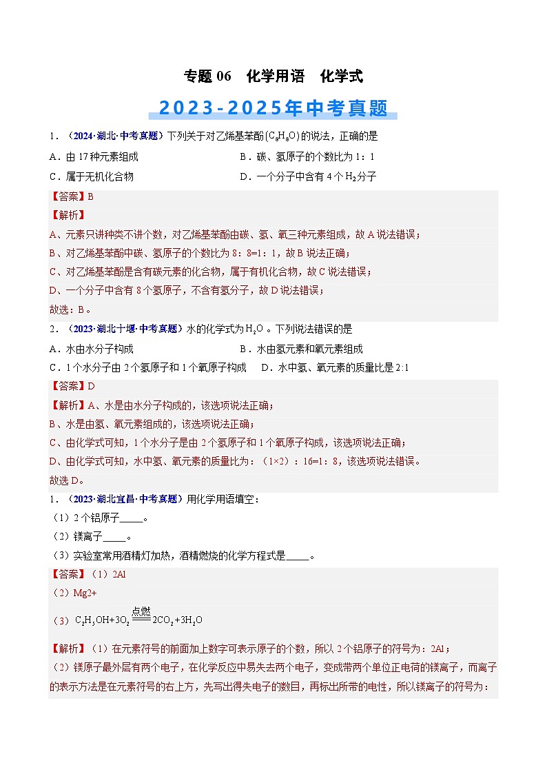 专题06 化学用语 化学式（解析版）【好题汇编】三年（2023-2025）中考化学真题分类汇编 （湖北专用）第1页
